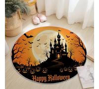 Générique Tapis Rond Halloween 100 cm, Tapis Lavable en Machine pour Salon, Antidérapant, Imprimé Lune Château Hanté Citrouille d'halloween pour Chambre Fille Enfant, Orange Noir