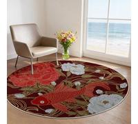 Générique Tapis Rond Japonais 160 cm et Moquette Ronde Salon, Design Traditionnel Floral Poisson, Tapis Circulaire Antidérapant et Doux, Idéal pour Décoration Chambre et Salle à Manger, Rouge Or