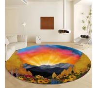 Générique Tapis Rond Jaune Lavable en Machine, Tapis Fleurs Montagnes Abstraites Poils Courts - Moquette Doux et Antidérapant Diamètre 160 cm Facile d'entretien pour Salon Chambre