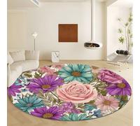 Générique Tapis Rond Lavable en Machine Ø 90 cm Tapis Antidérapant en Flanelle avec Aquarelle Plantes Roses, Moquette Rose à Pile Courte Douce pour Décoration Salon Chambre Cuisine et Bureau