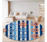 Générique Tapis Rond Lavable en Machine 60cm, Navigation Style Carpette Douce Antidérapant Flanelle Simple Rétro Roue Rayures Imprimé Tapis pour Salon Chambre Canapé Natte Bleu Marine