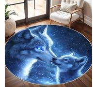 Générique Tapis Rond Lavable en Machine Animal Louve MèRe Et Son Petit Décoration de Chambre pour Adultes et Enfants, Bleu Antidérapant Doux Poils Ras Grand Tapis Rond de Salon, 160cm Circulaire