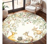 Générique Tapis Rond Lavable en Machine Animaux VéGéTaux de La ForêT Décoration de Chambre pour Adultes et Enfants, RéTro Antidérapant Doux Poils Ras Grand Tapis Rond de Salon, 200cm Circulaire