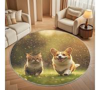 Générique Tapis Rond Lavable en Machine Corgi Animal Décoration de Chambre pour Adultes et Enfants, Chat Animal Antidérapant Doux Poils Ras Grand Tapis Rond de Salon, 80cm Circulaire