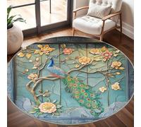 Générique Tapis Rond Lavable en Machine Fleur Luxueuse Relief Paon Décoration de Chambre pour Adultes et Enfants, Multicolore Antidérapant Doux Poils Ras Grand Tapis Rond de Salon, 80cm Circulaire