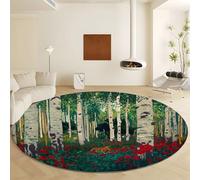 Générique Tapis Rond Lavable en Machine, Forêt Bouleaux Plantes Fleurs Tapis de Antidérapant Interieur pour Salon Chambre Cuisine Balcon Salle à Manger (Diamètre 180 cm - Vert Impression)