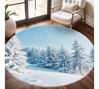 Générique Tapis Rond Lavable en Machine ForêT de CèDres en Hiver Décoration de Chambre pour Adultes et Enfants, Bleu Clair Antidérapant Doux Poils Ras Grand Tapis Rond de Salon, 80cm Circulaire