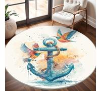 Générique Tapis Rond Lavable en Machine Illustration D'Ancre à L'Aquarelle Décoration de Chambre pour Adultes et Enfants, Blanc Antidérapant Doux Poils Ras Grand Tapis Rond de Salon, 200cm Circulaire