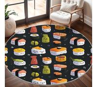 Générique Tapis Rond Lavable en Machine Impression de Sushi de Dessin Animé Décoration de Chambre pour Adultes et Enfants, Noir Antidérapant Doux Poils Ras Grand Tapis Rond de Salon, 180cm Circulaire