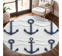 Générique Tapis Rond Lavable en Machine Imprimé Ancre Bleue Décoration de Chambre pour Adultes et Enfants, Relief Blanc Antidérapant Doux Poils Ras Grand Tapis Rond de Salon, 100cm Circulaire