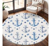 Générique Tapis Rond Lavable en Machine Imprimé Ancre Nautique Décoration de Chambre pour Adultes et Enfants, Bleu Et Blanc Antidérapant Doux Poils Ras Grand Tapis Rond de Salon, 100cm Circulaire
