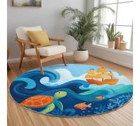 Générique Tapis Rond Lavable en Machine Océan Animal Poisson Voilier, Impression Dessin Animé Interieur Anti Slip Chambre à Coucher Salon, Tapis d'Entrée Absorbant Antidérapant 180 cm