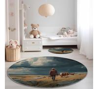 Générique Tapis Rond Lavable en Machine, Paysage Cowboy Ouest Tapis de Antidérapant Interieur pour Salon Chambre Cuisine Balcon Salle à Manger (Diamètre 120 cm - Jaune)