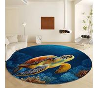 Générique Tapis Rond Lavable en Machine, Récif Corallien Tortue Tapis de Antidérapant Interieur pour Salon Chambre Cuisine Balcon Salle à Manger (Diamètre 100 cm - Bleu Impression)