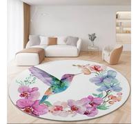 Générique Tapis Rond Lavable en Machine, Style Aquarelle Colibri Orchidée Interieur Anti Slip Chambre à Coucher Salon Tapis d'Entrée Absorbant Antidérapant 160 cm, Blanc