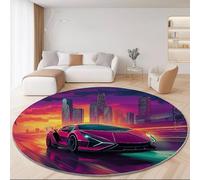 Générique Tapis Rond Lavable en Machine, Style Voiture De Sport De Dessin Animé Ville Interieur Anti Slip Chambre à Coucher Salon Tapis d'Entrée Absorbant Antidérapant 60 cm, Violet