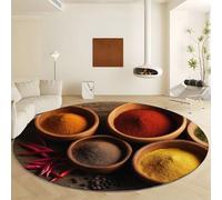 Générique Tapis Rond Lavable en Machine, Texture Bois Épices Bol en Bois Tapis de Antidérapant Interieur pour Salon Chambre Cuisine Balcon Salle à Manger (Diamètre 160 cm - Multicolore Impression)