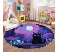 Générique Tapis Rond Lavable - Motif Chat Mystique Et Champignon - Antidérapant - Tapis Moderne pour Salon Chambre Cuisine Propriétaires d'animaux, Noir