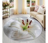 Générique Tapis Rond Lily Spa Serviette 100 cm, Tapis Floral de Jeu pour Chambre, Moquette Résistante aux Taches Antidérapant et Lavable, Déco Salle à Manger Blanc