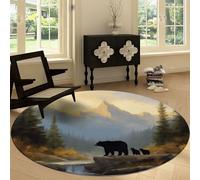 Générique Tapis Rond Motif Cascade en Forêt Ours Lavable en Machine Antidérapant 100 cm, Tapis Rond Paysage Naturel pour Chambre à Coucher Cuisine Salle de Bain Chambre d'enfant Salon