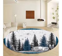 Générique Tapis Rond Noir Lavable en Machine, Tapis Forêt Pins Camping Car Vintage Poils Courts - Moquette Doux et Antidérapant Diamètre 140 cm Facile d'entretien pour Salon Chambre
