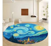 Générique Tapis Rond Peinture Huile Ciel Étoilé Ville, Tapis Bleu Lavable en Machine Diamètre 100 cm Moquette Imprimé Antidérapant - Moquette Doux Poil Court pour Salon Chambre Nurserie