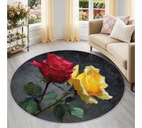 Générique Tapis Rond Plantes Et Fleurs 180 cm, Tapis Lavable en Machine pour Salon, Antidérapant, Imprimé Roses Rouges Et Jaunes Traditionnelles pour Salle À Manger, Rouge Jaune
