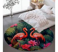 Générique Tapis Rond Poil Ras Salon 150 x 150 cm, Vintage Jungle Flamant Rose Thème Antidérapante Flanelle Tapis pour Décoration de Chambre Salon - Vert Foncé Lavable Descente de Lit