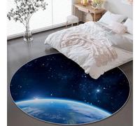 Générique Tapis Rond Poil Ras Salon 160 cm, Galaxie Terre Espace Thème Antidérapante Flanelle Tapis pour Décoration de Chambre Salon - Bleu Foncé Lavable Descente de Lit