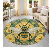 Générique Tapis Rond Rétro 160 cm, Moquette Salon Datura Floral Abeille Lavable en Machine, Tapis de Sol Antidérapant et Ultra Doux Idéal pour Déco Chambre Salle à Manger, Jaune Vert