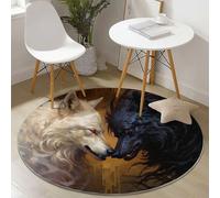 Générique Tapis Rond Salon 180 cm Rond,Imprimé Fantaisie Peinture À l'huile Animaux Loup Antidérapant Flanelle Douce Rond Tapis de Sol Décoration - Circulaire pour Salon Chambre Brun