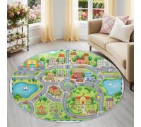 Générique Tapis Rond Salon 60 cm - Tapis Imprimé Dessin Animé Éducatif | Lavable Machine Moquette Antidérapante Poil Bas Doux, Plan De Ville Routes Voitures Tapis pour Salon Chambre, Vert