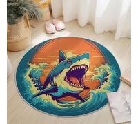 Générique Tapis Rond Salon 60cm, Navigation Style Lavable Antidérapant Tapis Rétro Animaux Requin Imprimé Carpette Convient pour la Chambre la Salle à Manger et Le Bureau Bleu Marine