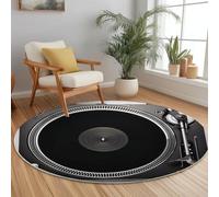 Générique Tapis Rond Salon 60cm, Photographie Style Lavable Antidérapant Tapis Rétro Tourne-Disque Imprimé Carpette Convient pour la Chambre la Salle à Manger et Le Bureau Noir