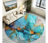 Générique Tapis Rond Salon Abstrait Luxueux, Poil Ras Antidérapant 90 cm | Veines Dorées Effet Encre Fond Bleu, Doux sans Peluche, Lavable en Machine, Idéal pour Séjour Élégant et Chambre
