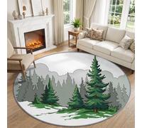 Générique Tapis Rond Salon Lavable Antidérapant Aquarelle Rustique Ø 160 cm | Nature Forêt Brume Vert Forêt de Pins Poils Ras Tapis Rond Vert Forêt pour Salle à Manger Chambre d'enfant Coin Lecture
