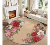 Générique Tapis Rond Salon Lavable Antidérapant, Vintage Sombre, Ø 120 cm | Traditionnel Botanique Floral Rose Super Doux Poils Ras Tapis Rond pour Chambre Salle à Manger Chambre d’enfant Coin Lecture