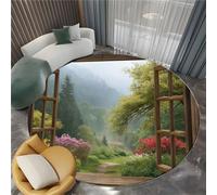 Générique Tapis Rond Shaggy Lavable Cadre de fenêtre 3D Vue sur Jardin - Moelleux et Antidérapant Pare-humidité Tapis Rond, 200 cm pour Salon Couloir Salle D'étude Décorations Intérieures