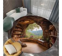 Générique Tapis Rond Shaggy Lavable Trou d’Arbre Forêt Conte de fées Fantaisie - Moelleux et Antidérapant Pare-humidité Tapis Rond, 200 cm pour Salon Couloir Salle D'étude Décorations Intérieures