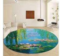 Générique Tapis Rond Vert Lavable en Machine, Tapis Style Impressionniste Étang Aux Lotus Poils Courts - Moquette Doux et Antidérapant Diamètre 80 cm Facile d'entretien pour Salon Chambre