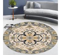 Générique Tapis Ronde,Beige Jaune Floral Vintage Traditionnel, Gris, ø 130 cm, Tapis Poils Ras Decoratif pour Fauteuil Pouf Salon Moderne Chambre Adulte ou Ado