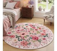 Générique Tapis Ronde,Décoration de Chambre de Fille Florale contemporaine Moderne Multicolore, Rose, ø 130 cm, Tapis Decoratif pour Fauteuil Pouf Salon Moderne Chambre Adulte ou Ado