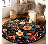 Générique Tapis Ronde,Fleurs Modernes colorées Florales contemporaines, Noires, ø 70 cm, Tapis pour Salon, Chambre à Coucher, Salle à Manger ou Cuisine Deco,