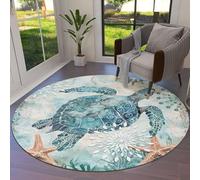Générique Tapis Ronde,Impression décorative Moderne représentant Une Tortue de mer, Bleu Sarcelle, ø 150 cm, Tapis Décoratif pour Salon Chambre Canapé Natte Bureau Protection du Sol,