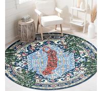 Générique Tapis Ronde,Motif Floral Vintage Moderne imprimé Tigre et Feuilles, Bleu, ø 130 cm, Tapis Decoratif pour Fauteuil Pouf Salon Moderne Chambre Adulte ou Ado
