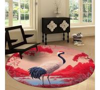 Générique Tapis Ronds Art Traditionnel Chinois Tapis Rond Lac Fleurs Plantes Oiseaux Lavable pour Salon, 90 cm Coureur Antidérapant à Poils Courts - Coureur Doux pour Chambres et Salles à Manger