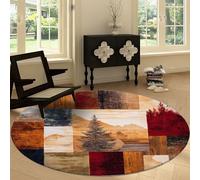 Générique Tapis Ronds Rétro Traditionnel Tapis Rond Forêt Blocs Animaux Pins Lavable pour Salon, 150 cm Coureur Antidérapant à Poils Courts - Coureur Doux pour Chambres et Salles à Manger