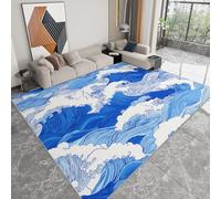Générique Tapis Salon 60 x 90 cm Style Hokusai Vagues Océaniques, Lavable en Machine Tapis de Chambre Antidérapant - pour Manger Bureau & Plus Durable Poils Ras Moquette Bleu