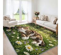 Générique Tapis Salon Animal Chat Tabby Lavable Antidérapant 160x230 cm | Herbe Fleur Sauvage Tapis Imprimé pour Chambre Salle a Manger Descente de Lit Bureau - Antidérapant Poil Ras