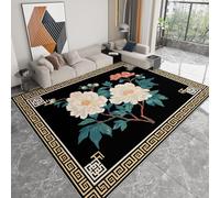 Générique Tapis Salon Fleurs Motif Grec Noir et Or Modèle 80 x 150 cm Lavable en Machine Super Doux et Antidérapant Tapis Décoratif Salon Doux Poil Court pour Chambre Adulte, Salle à Manger
